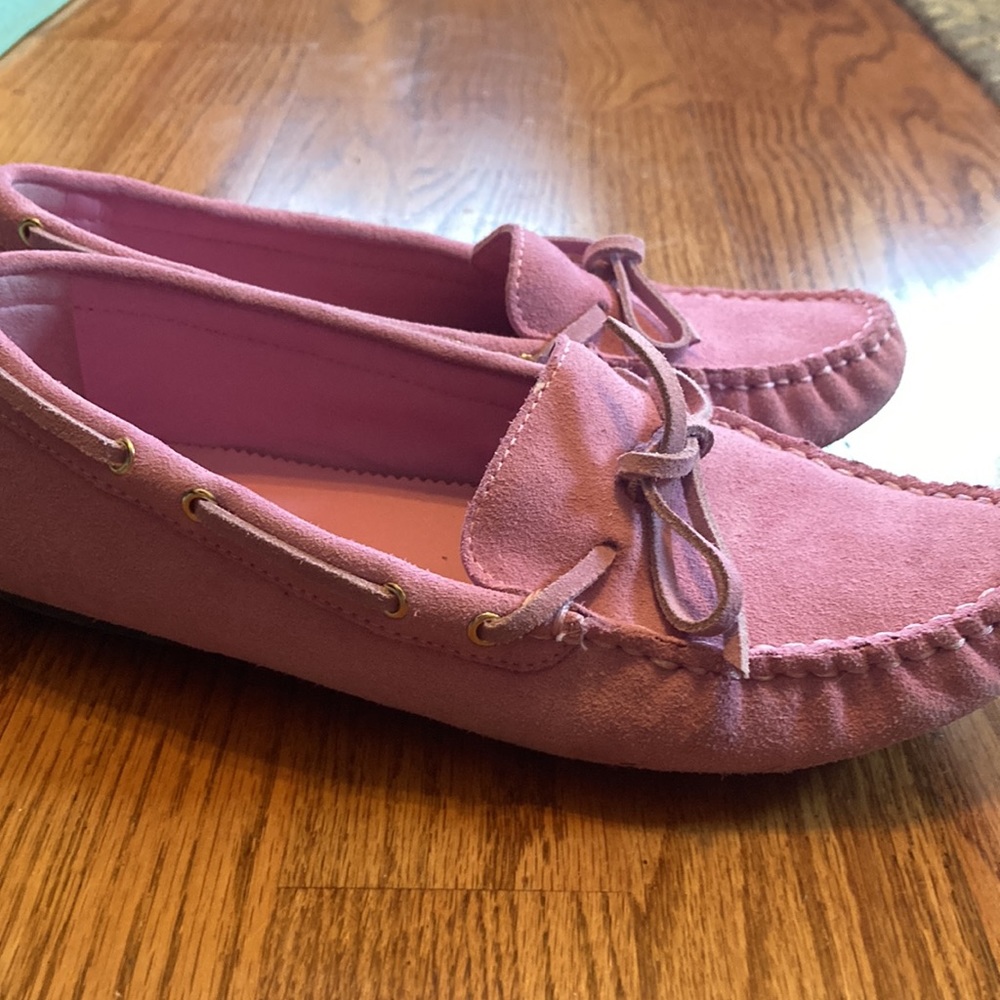 Nearly new J Crew pink suede loafers/driving shoes/moccasins, women’s size 8